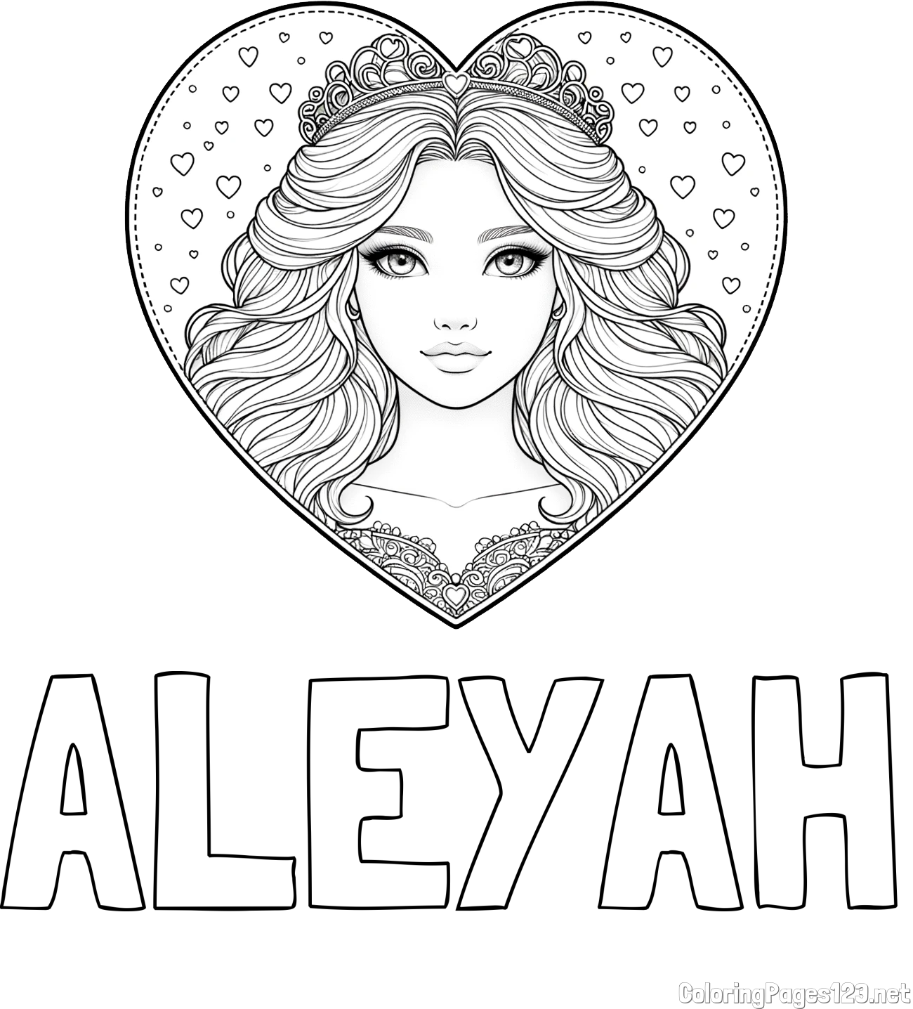 ALEYAH Coloring Page and Coloring Page of a Princess in a Heart