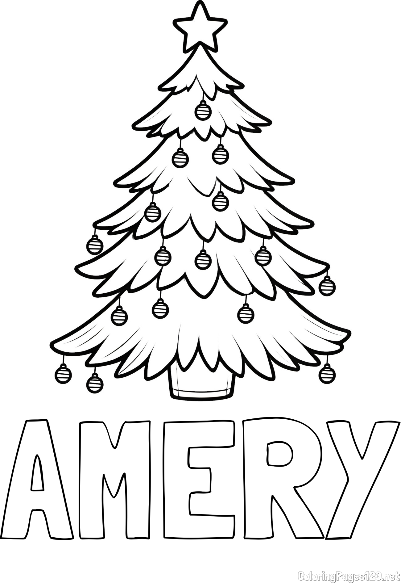 AMERY Coloring Page and Christmas Tree with Star and Ornaments Coloring Page