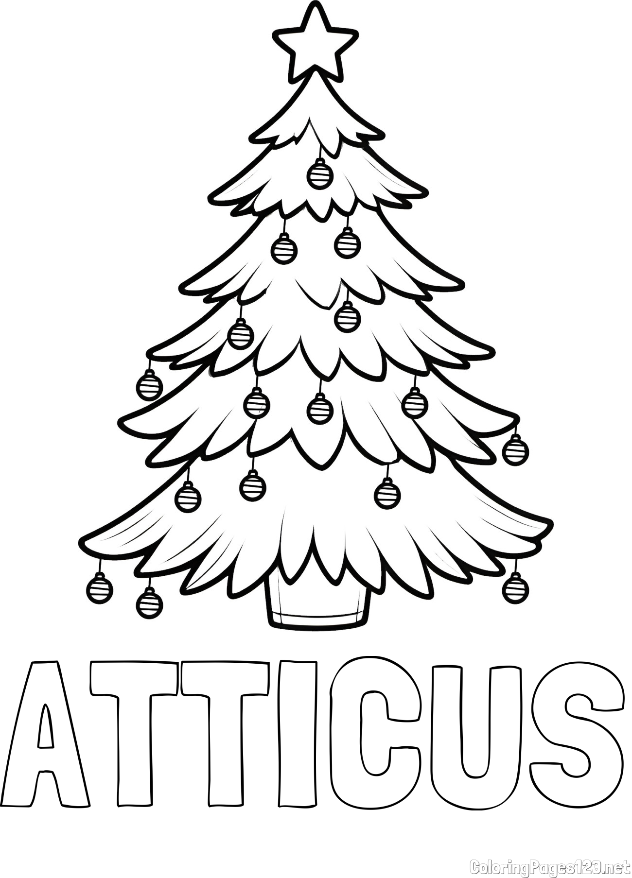 ATTICUS Coloring Page and Christmas Tree with Star and Ornaments Coloring Page