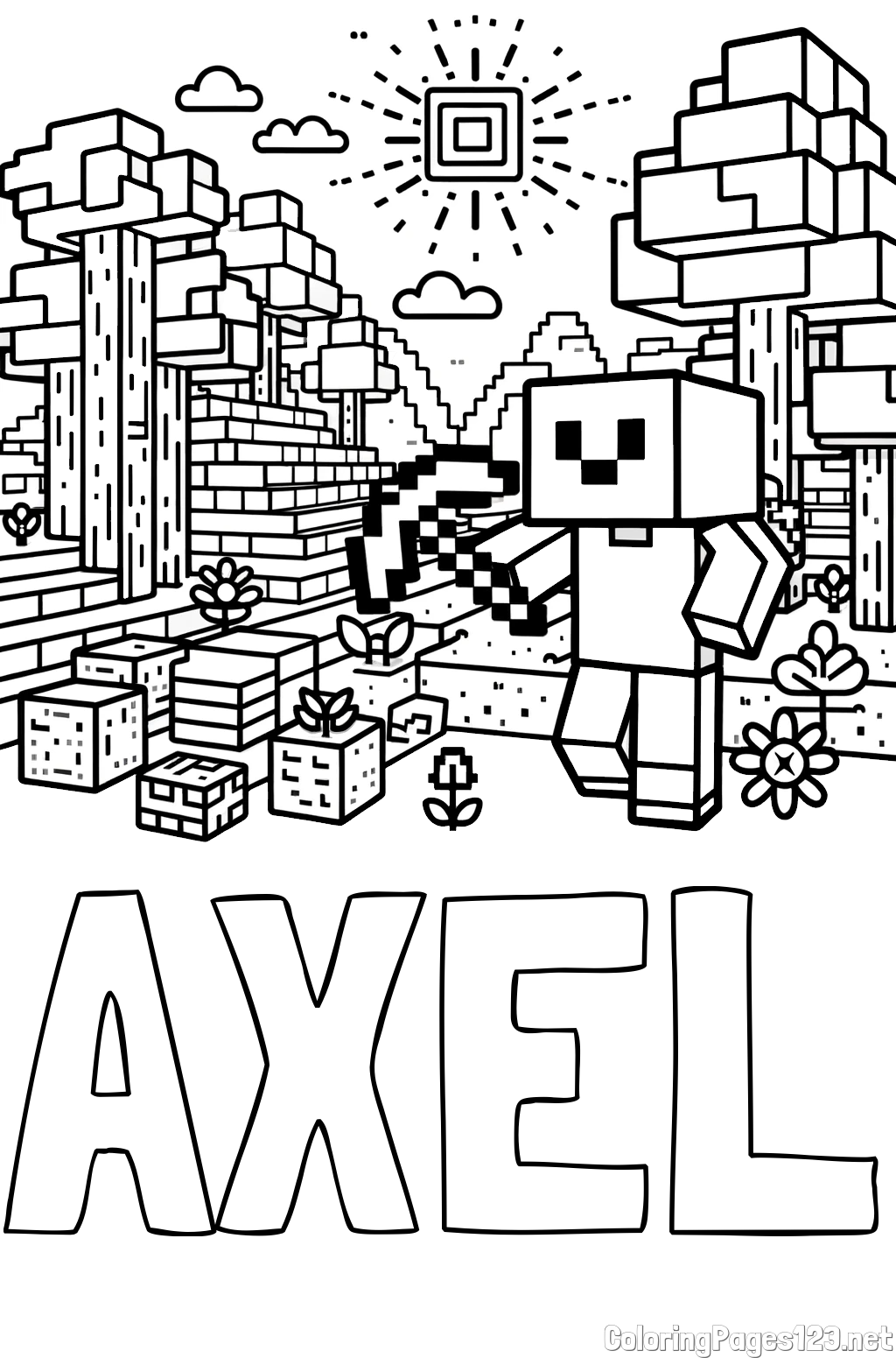 AXEL Coloring Page and Minecraft World Coloring Page