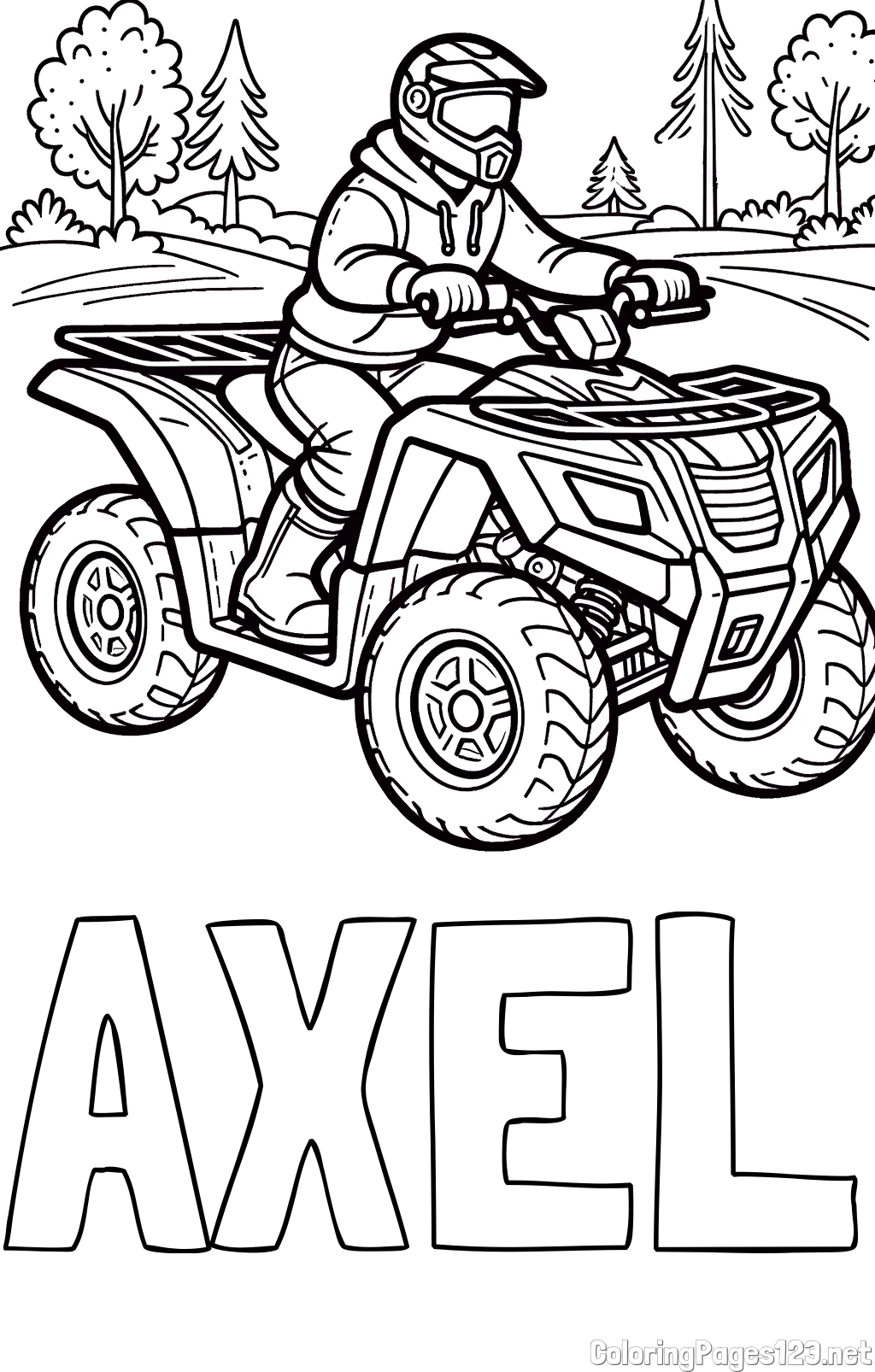 AXEL Coloring Page and Motorist on ATV Coloring Page