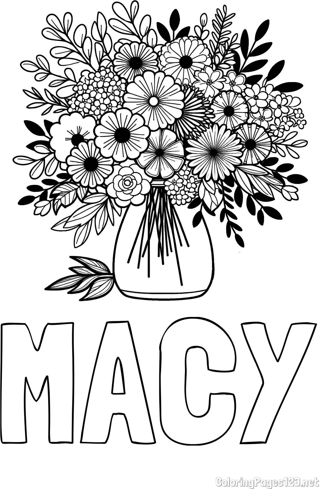 MACY Coloring Page and Flower Bouquet Coloring Page