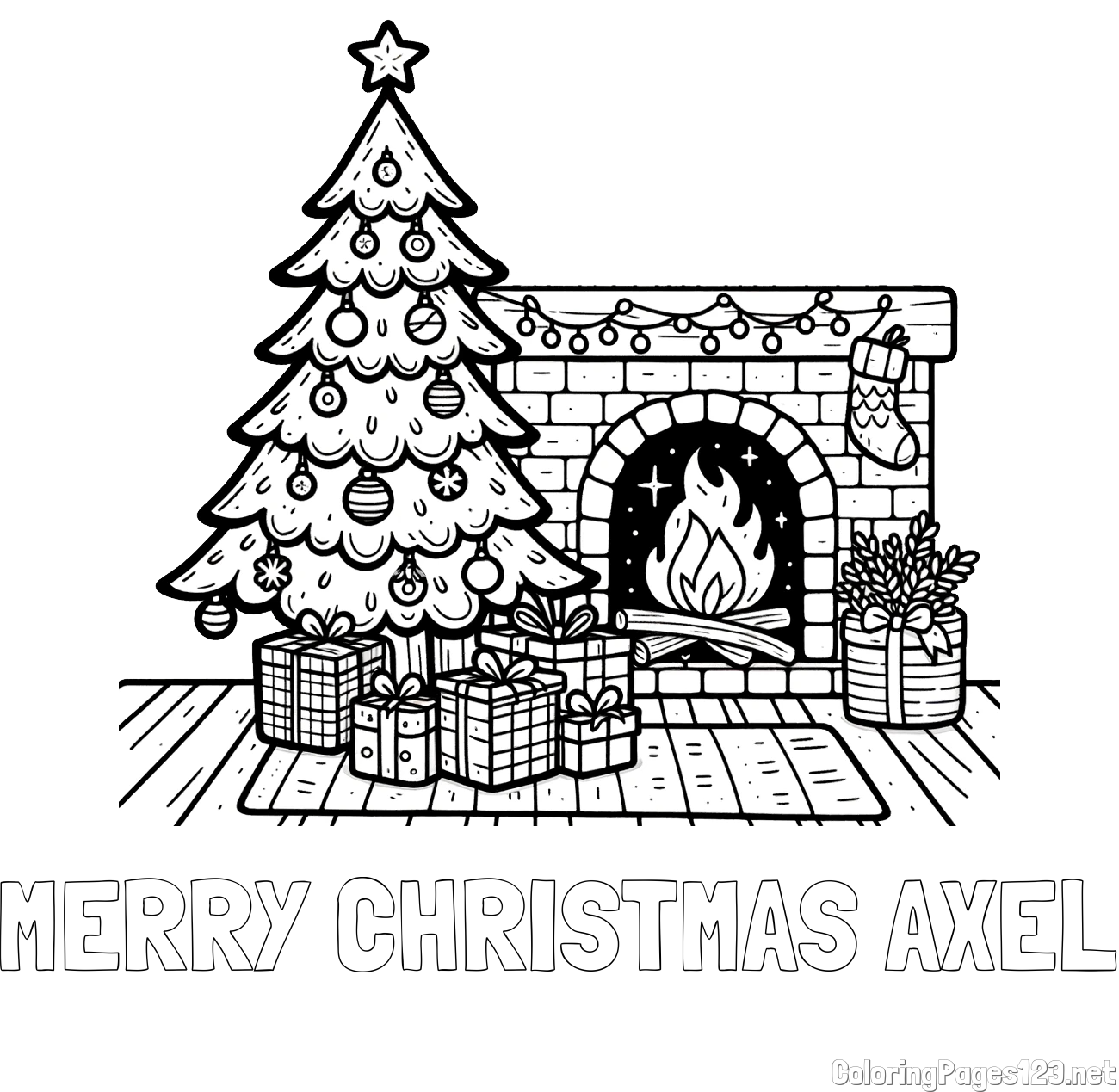 MERRY CHRISTMAS AXEL Coloring Page and Coloring Page of a Christmas Tree with Presents and a Fireplace