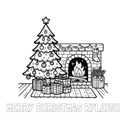 Online Created Coloring Page - MERRY CHRISTMAS RYLEIGH Coloring Page and Coloring Page of a Christmas Tree with Presents and a Fireplace