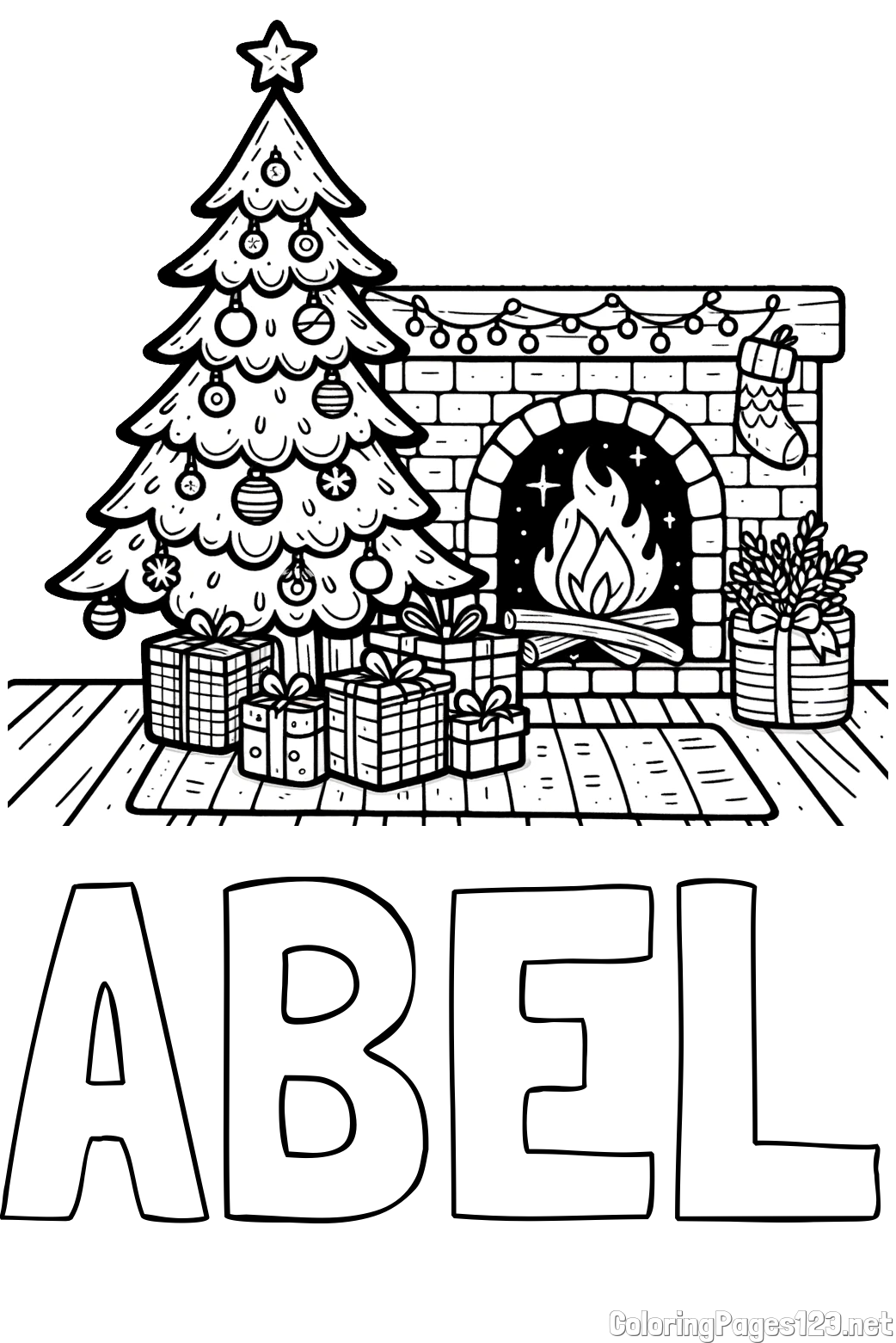ABEL Coloring Page and Coloring Page of a Christmas Tree with Presents and a Fireplace