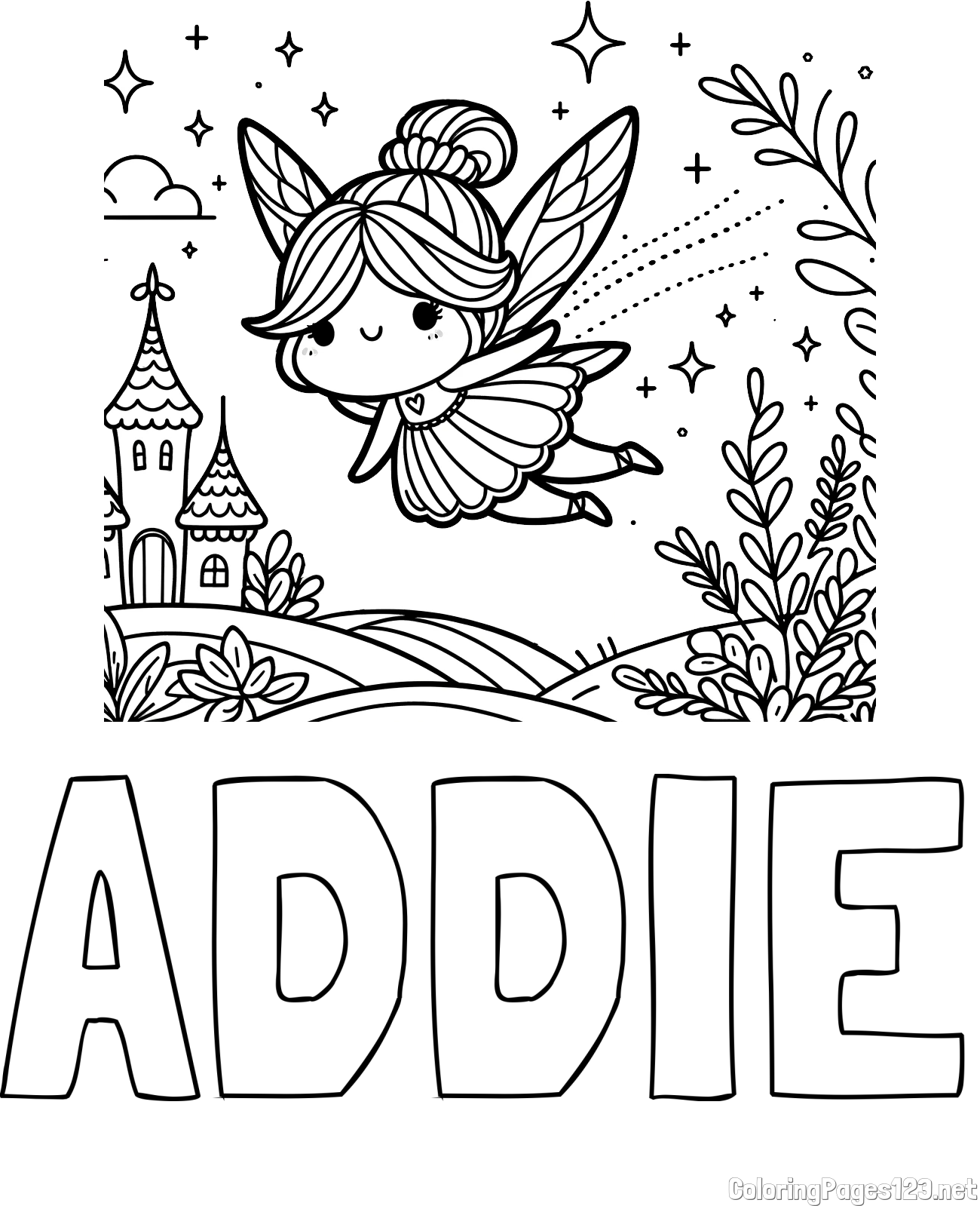 ADDIE Coloring Page and Coloring Page of a Fairy Flying Over a Fairy-Tale Landscape