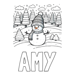 Online Created Coloring Page - AMY Coloring Page and Coloring Page of a Snowman with Pine Trees in the Background