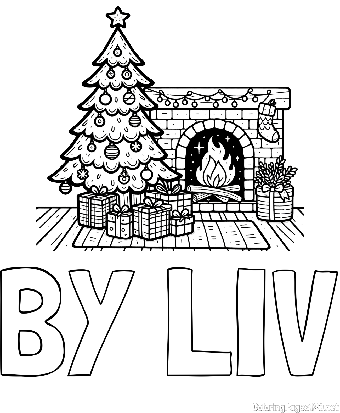 BY LIV Coloring Page and Coloring Page of a Christmas Tree with Presents and a Fireplace