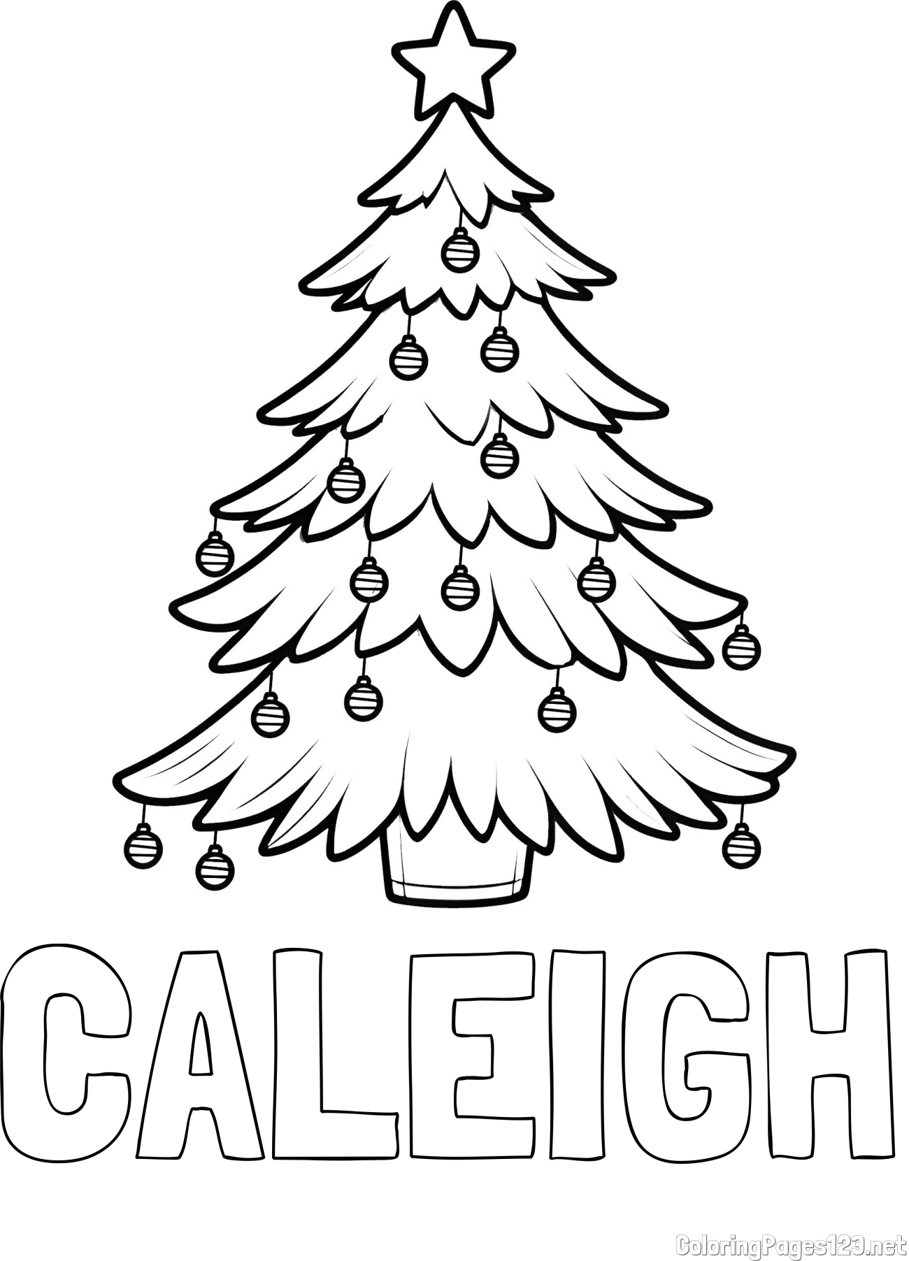 CALEIGH Coloring Page and Christmas Tree with Star and Ornaments Coloring Page
