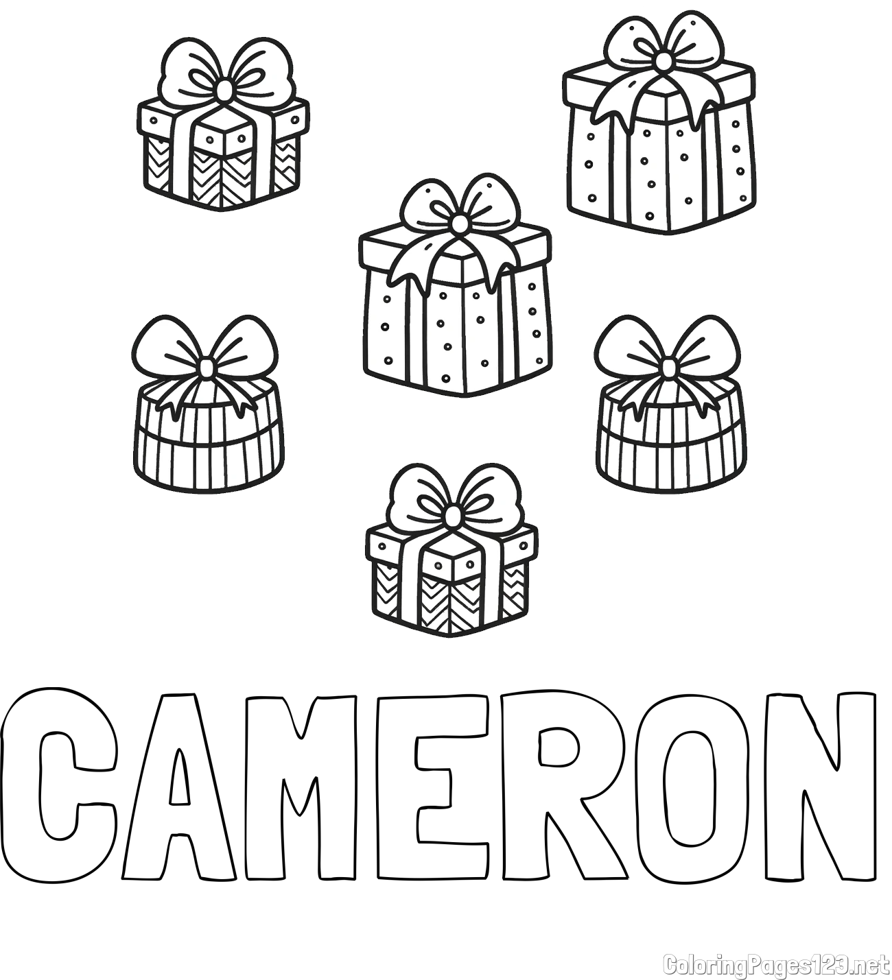 CAMERON Coloring Page and Cute Coloring Page of Christmas Presents