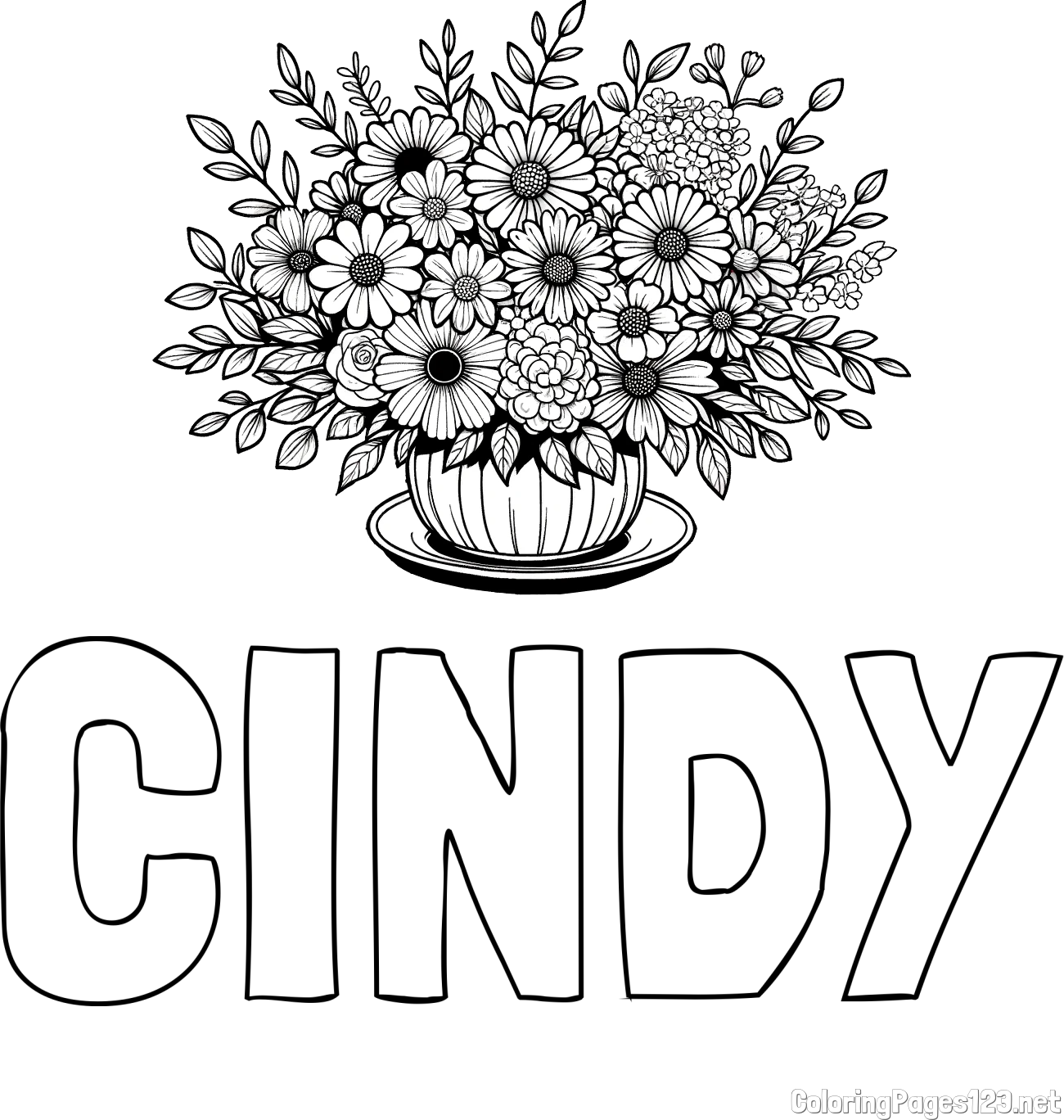 CINDY Coloring Page and Beautiful Bouquet of Flowers Coloring Page