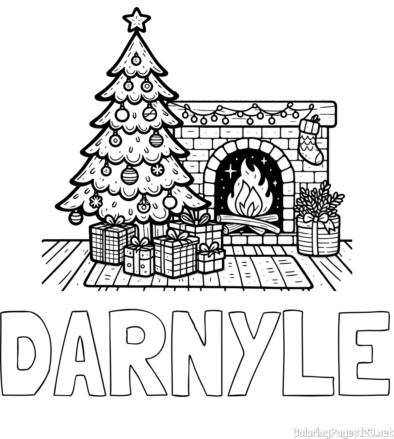 DARNYLE Coloring Page and Coloring Page of a Christmas Tree with Presents and a Fireplace