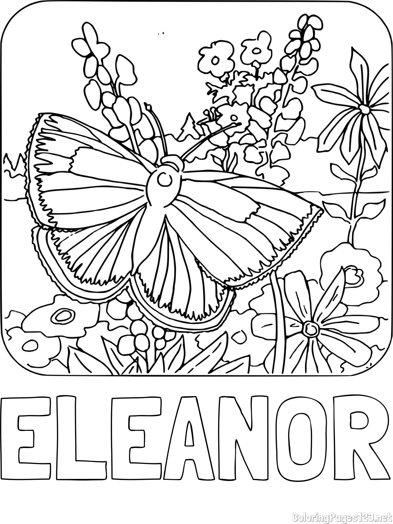 ELEANOR Coloring Page and Butterfly on Flower Coloring Page