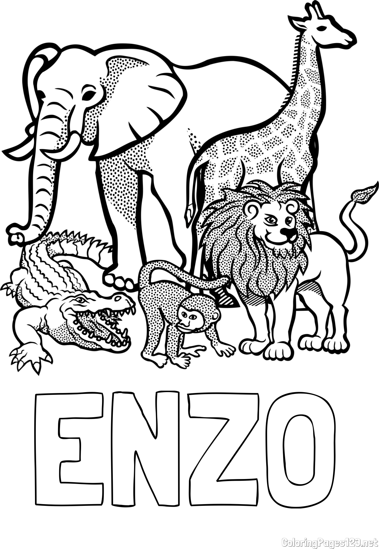 ENZO Coloring Page and Zoo Animals Coloring Page - Elephant, Tiger, Monkey, and Crocodile