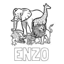 Online Created Coloring Page - ENZO Coloring Page and Zoo Animals Coloring Page - Elephant, Tiger, Monkey, and Crocodile