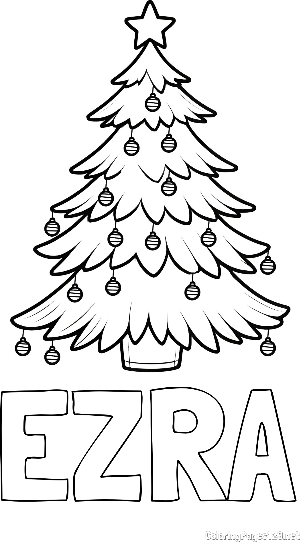 EZRA Coloring Page and Christmas Tree with Star and Ornaments Coloring Page