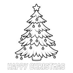 Online Created Coloring Page - HAPPY CHRISTMAS Coloring Page and Christmas Tree with Star and Ornaments Coloring Page