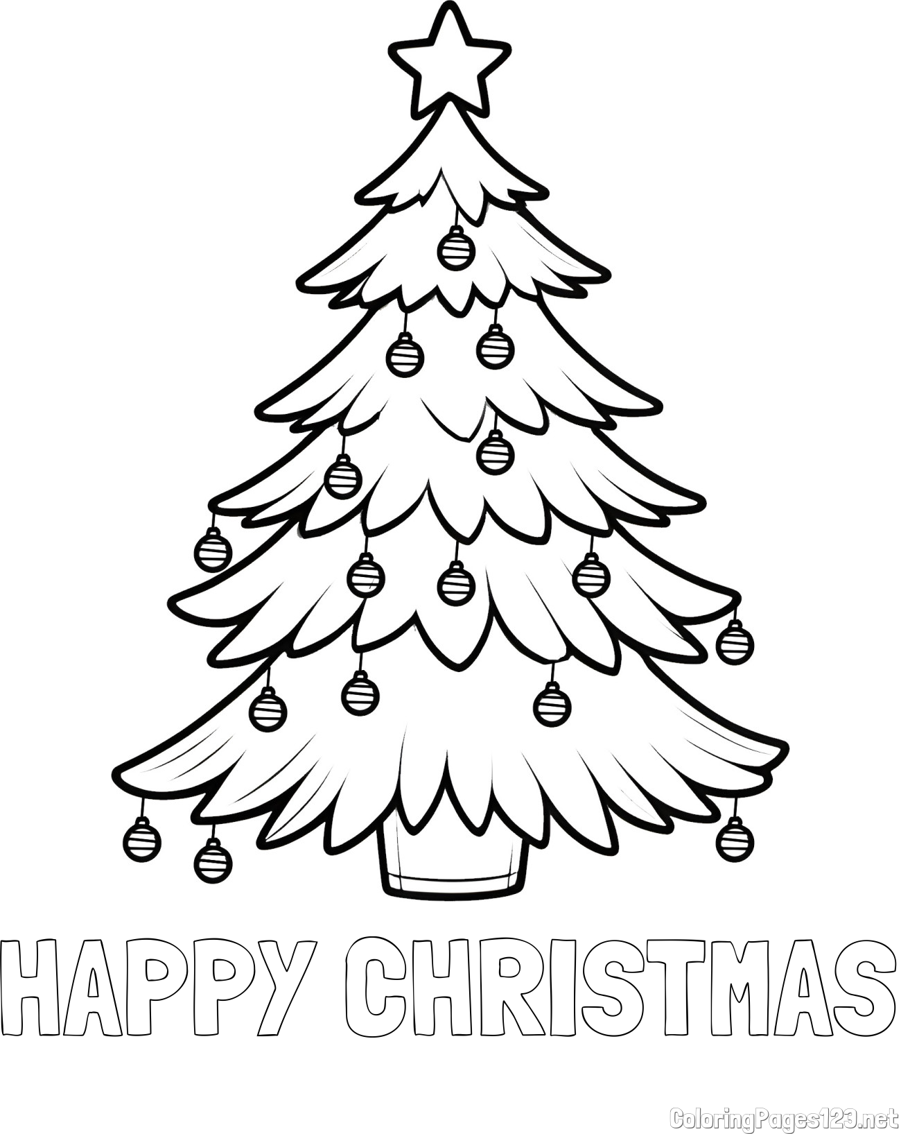 HAPPY CHRISTMAS Coloring Page and Christmas Tree with Star and Ornaments Coloring Page