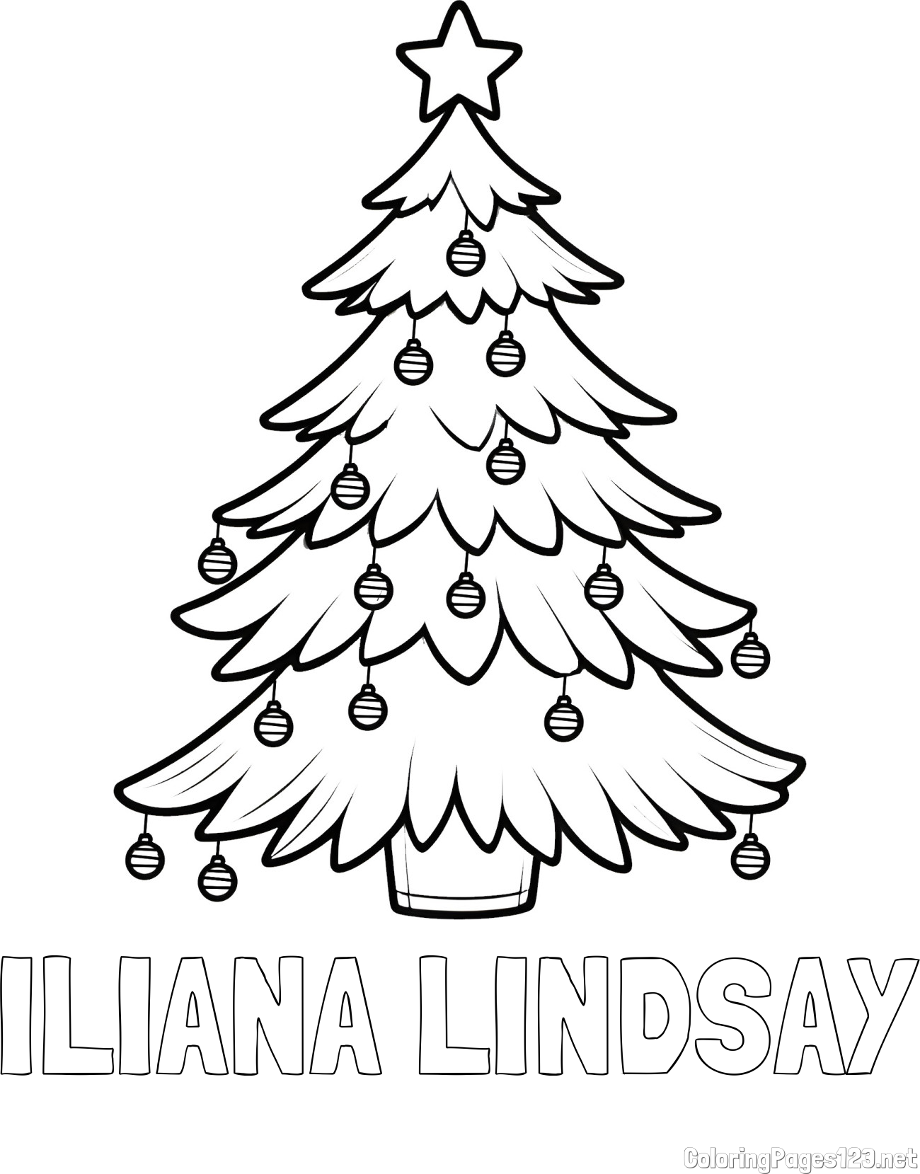 ILIANA LINDSAY Coloring Page and Christmas Tree with Star and Ornaments Coloring Page