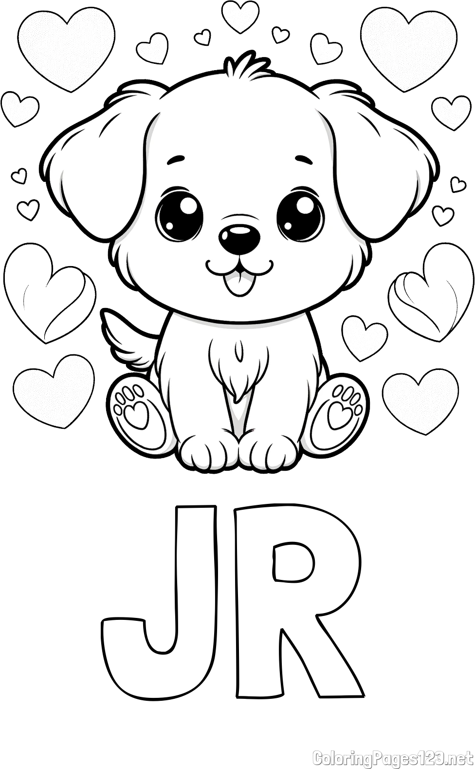JR Coloring Page and Coloring Page of a Cute Dog and Hearts