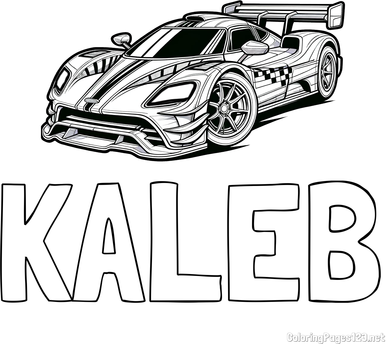 KALEB Coloring Page and Coloring Page of a Futuristic Racing Car
