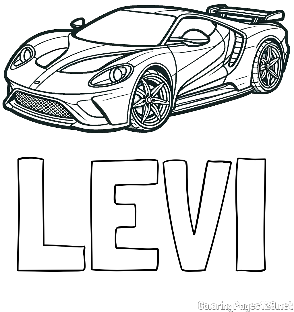 LEVI Coloring Page and Coloring Page of a Fast Sport's Car