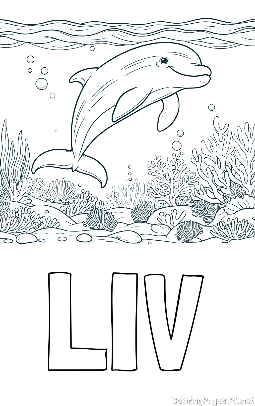 LIV Coloring Page and Coloring Page of a Cute Dolphin Swimming in the Sea