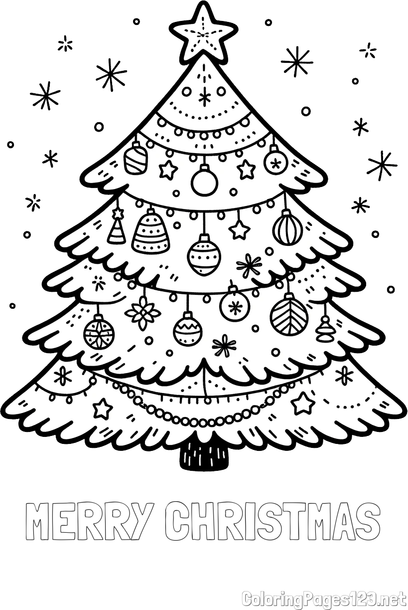 MERRY CHRISTMAS Coloring Page and Coloring Page of a Beautiful Christmas Tree