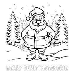 Online Created Coloring Page - MERRY CHRISTMASAMORIE Coloring Page and Santa Claus in the Forest Coloring Page