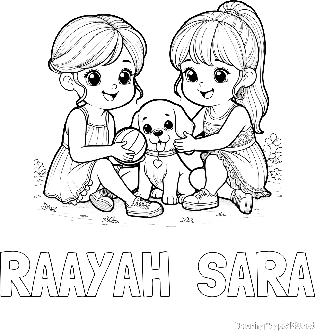 RAAYAH  SARA Coloring Page and Coloring Page of Two Girls with a Dog