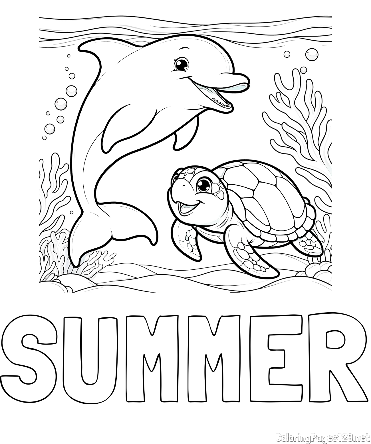 SUMMER Coloring Page and Coloring Book of a Cute Dolphin with a Turtle in the Sea