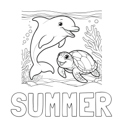 Online Created Coloring Page - SUMMER Coloring Page and Coloring Book of a Cute Dolphin with a Turtle in the Sea