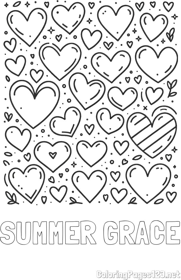 SUMMER GRACE Coloring Page and Children's Coloring Page of Many Hearts