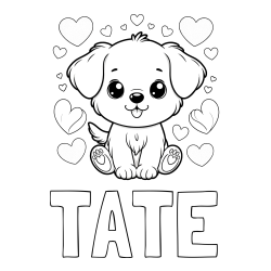Online Created Coloring Page - TATE Coloring Page and Coloring Page of a Cute Dog and Hearts