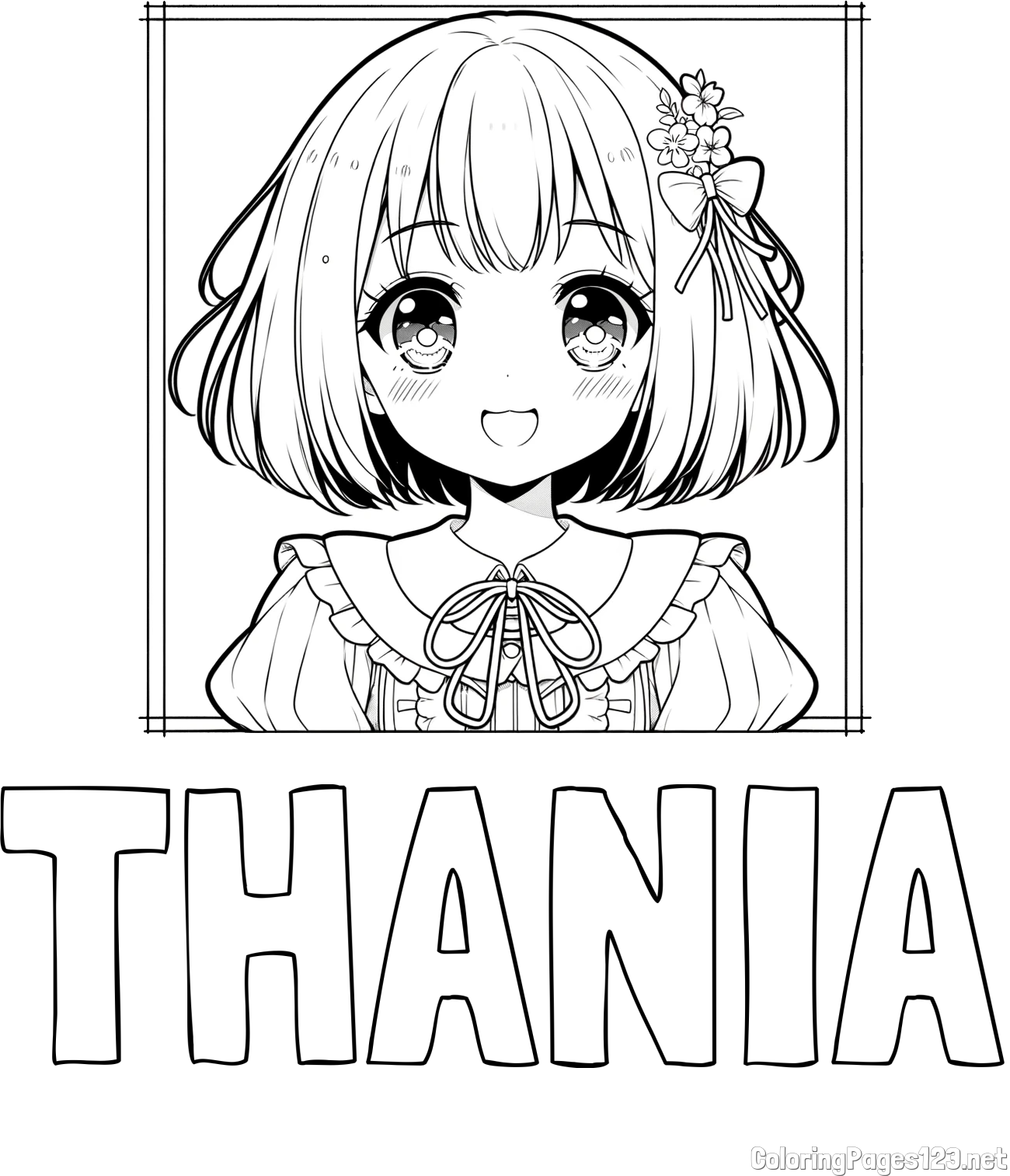 THANIA Coloring Page and Coloring Page of a Cute an Smiling Anime Girl