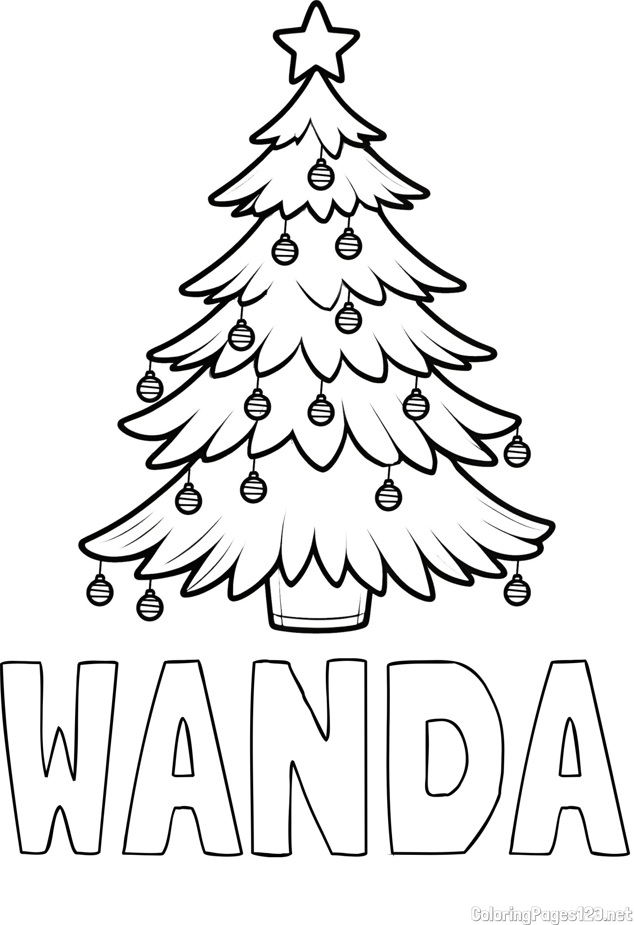 WANDA Coloring Page and Christmas Tree with Star and Ornaments Coloring Page