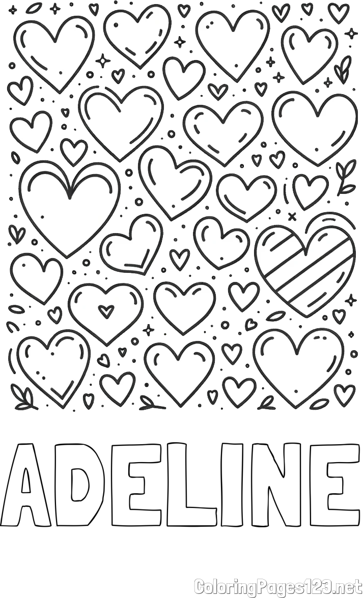 ADELINE Coloring Page and Children's Coloring Page of Many Hearts