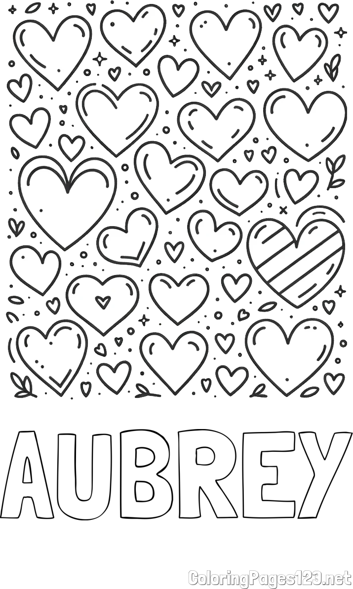 AUBREY Coloring Page and Children's Coloring Page of Many Hearts