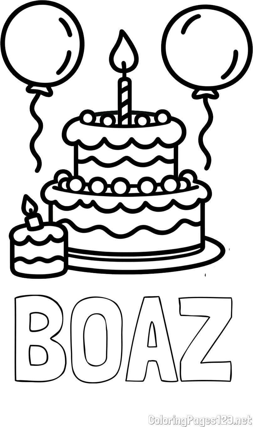 BOAZ Coloring Page and Birthday Cake Coloring Page with Balloons