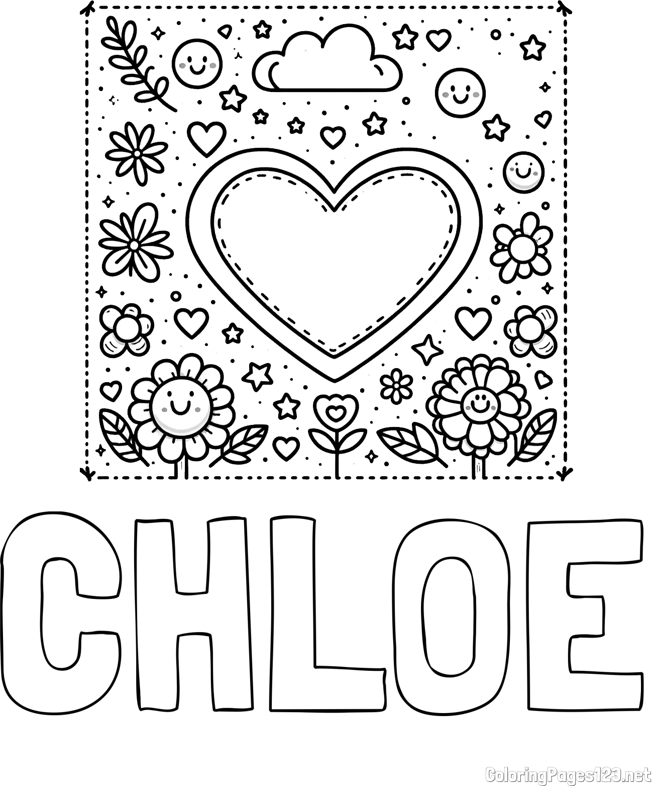 CHLOE Coloring Page and Free Printable Coloring Page of Heart and Flowers