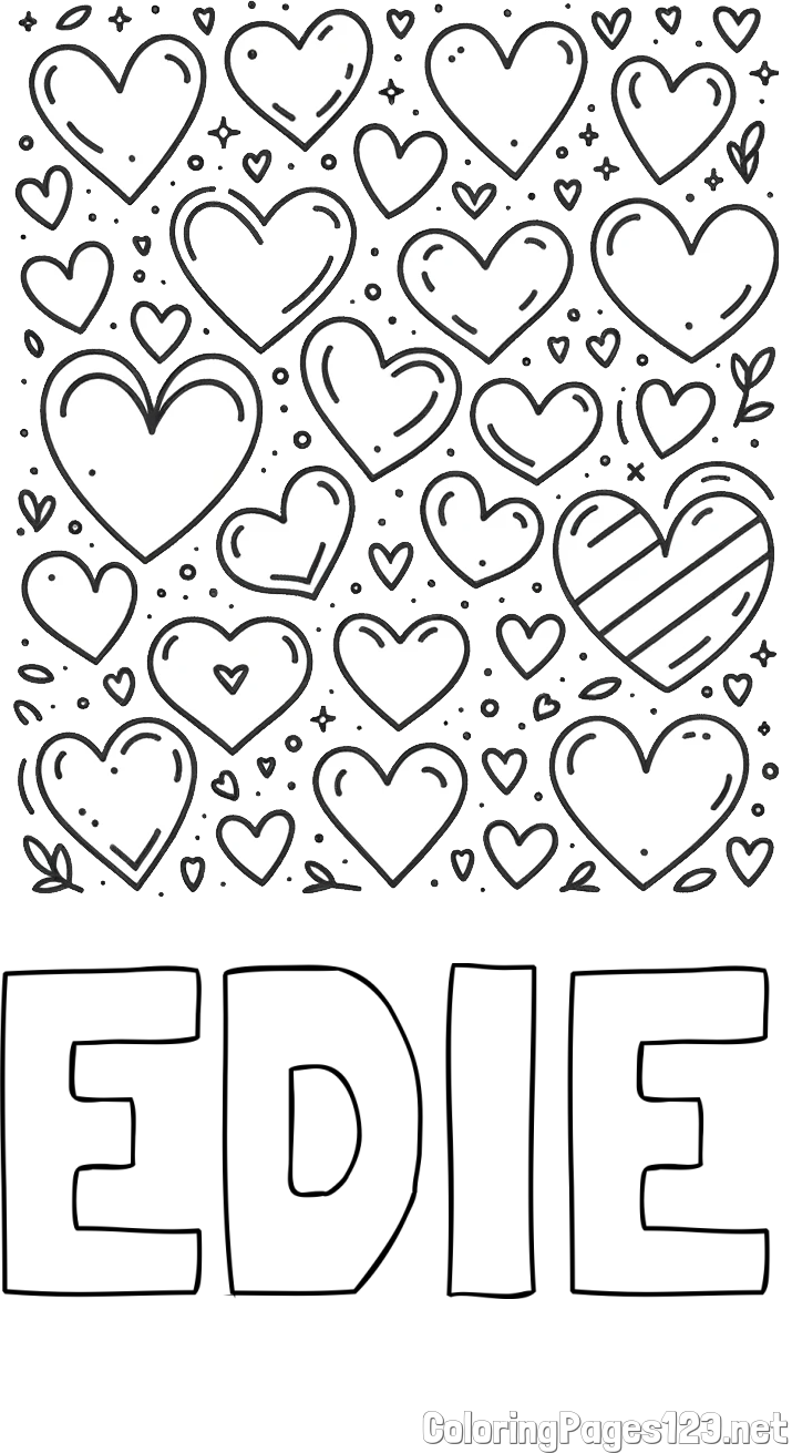 EDIE Coloring Page and Children's Coloring Page of Many Hearts