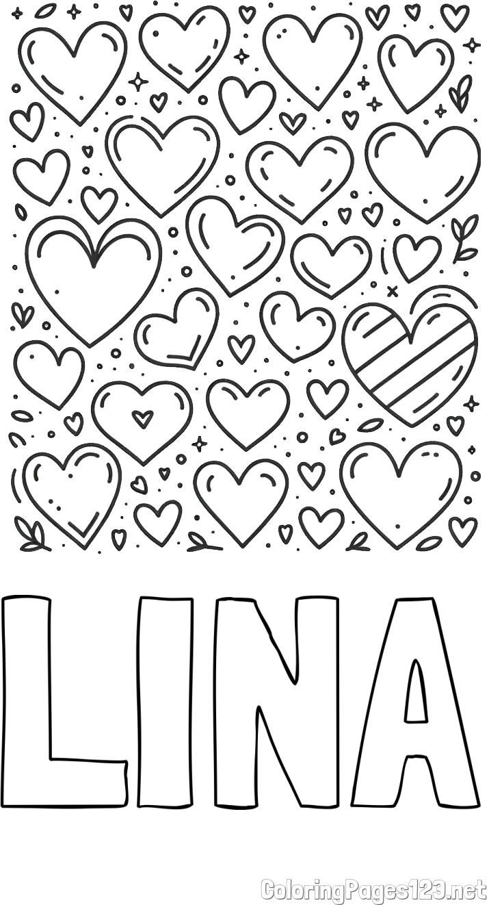 LINA Coloring Page and Children's Coloring Page of Many Hearts