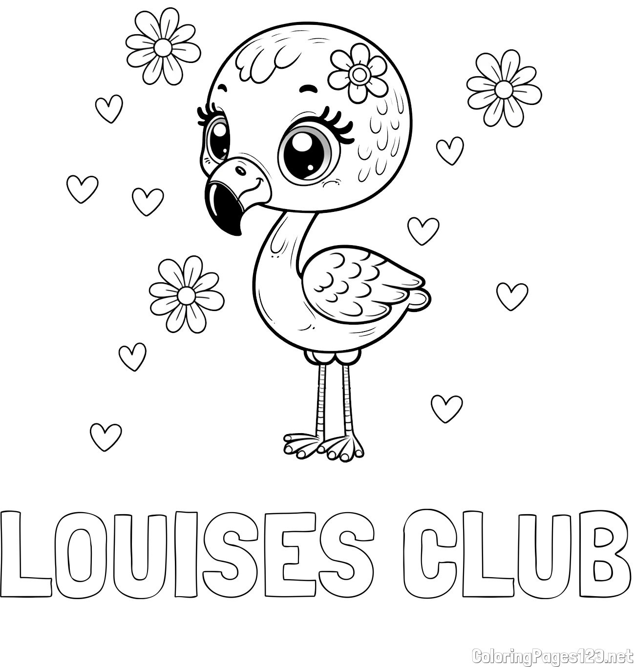 LOUISES CLUB Coloring Page and Coloring Page of a Cute Flamingo with Flowers