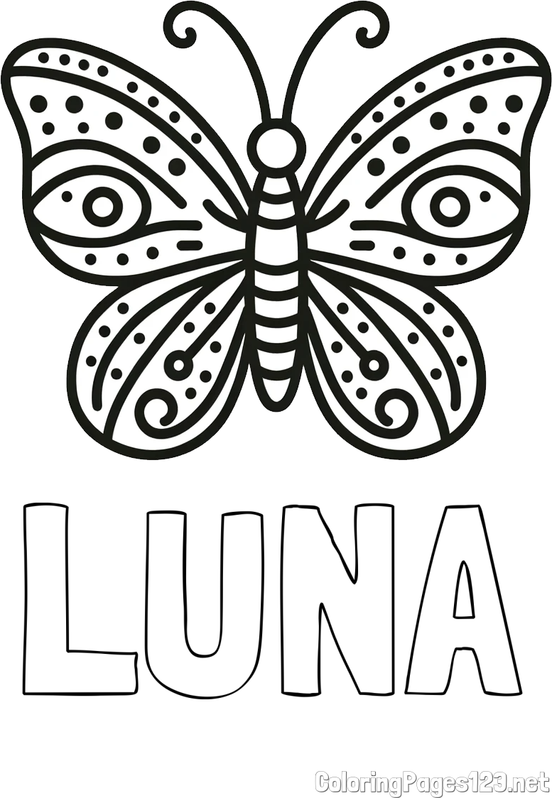 LUNA Coloring Page and Butterfly Coloring Page (Simple)