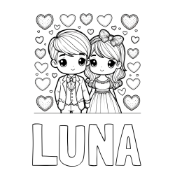 Online Created Coloring Page - LUNA Coloring Page and Coloring Page of a Couple Surrounded by Hearts