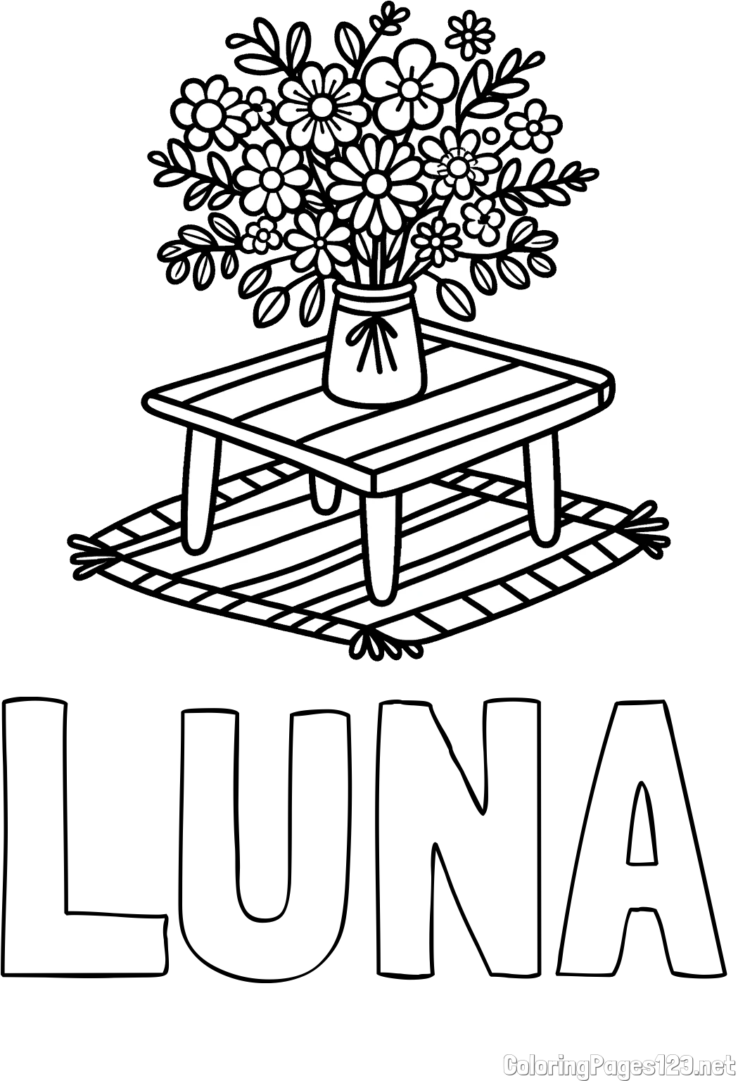 LUNA Coloring Page and Simple Flower Bouquet Coloring Page