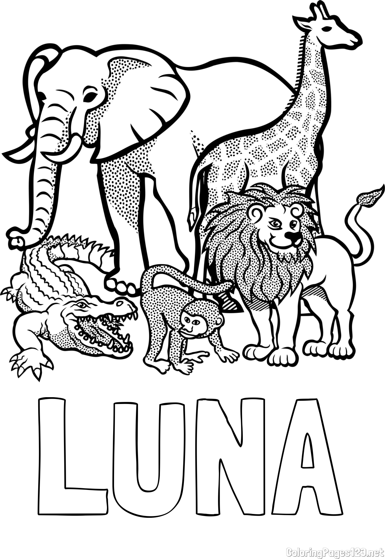 LUNA Coloring Page and Zoo Animals Coloring Page - Elephant, Tiger, Monkey, and Crocodile