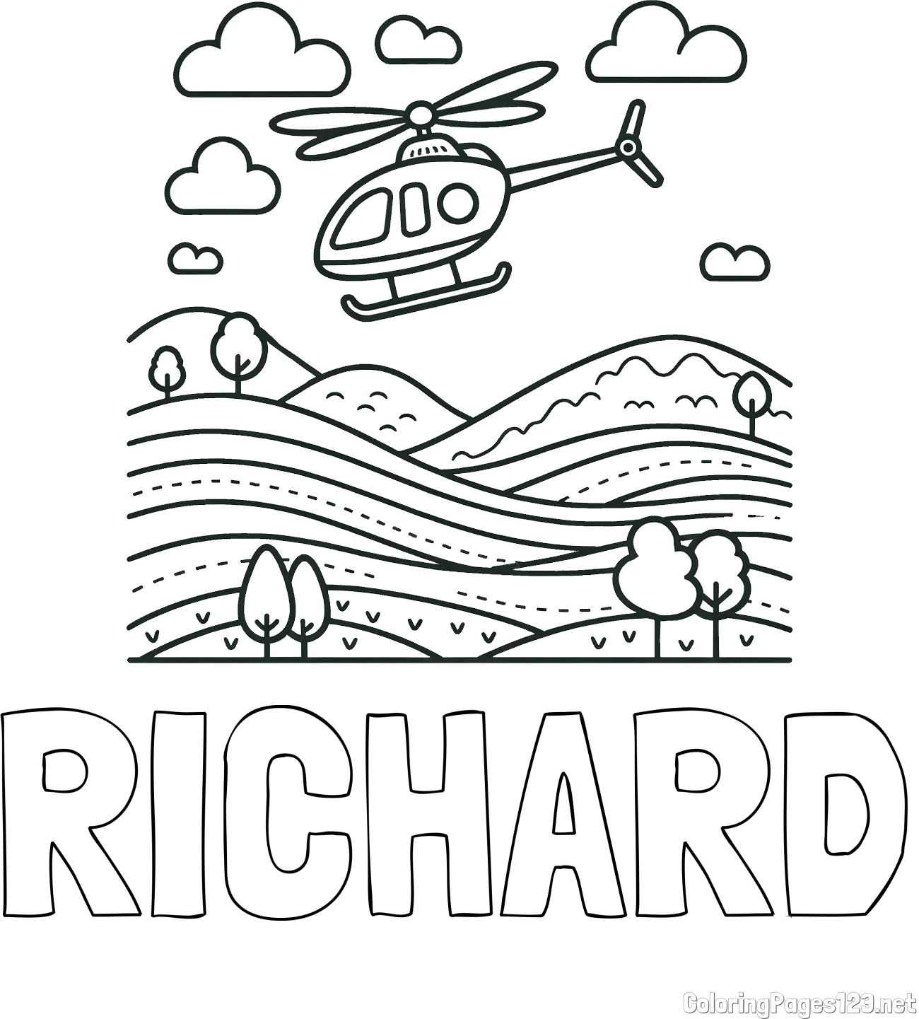 RICHARD Coloring Page and Easy Coloring Page of a Flying Helicopter