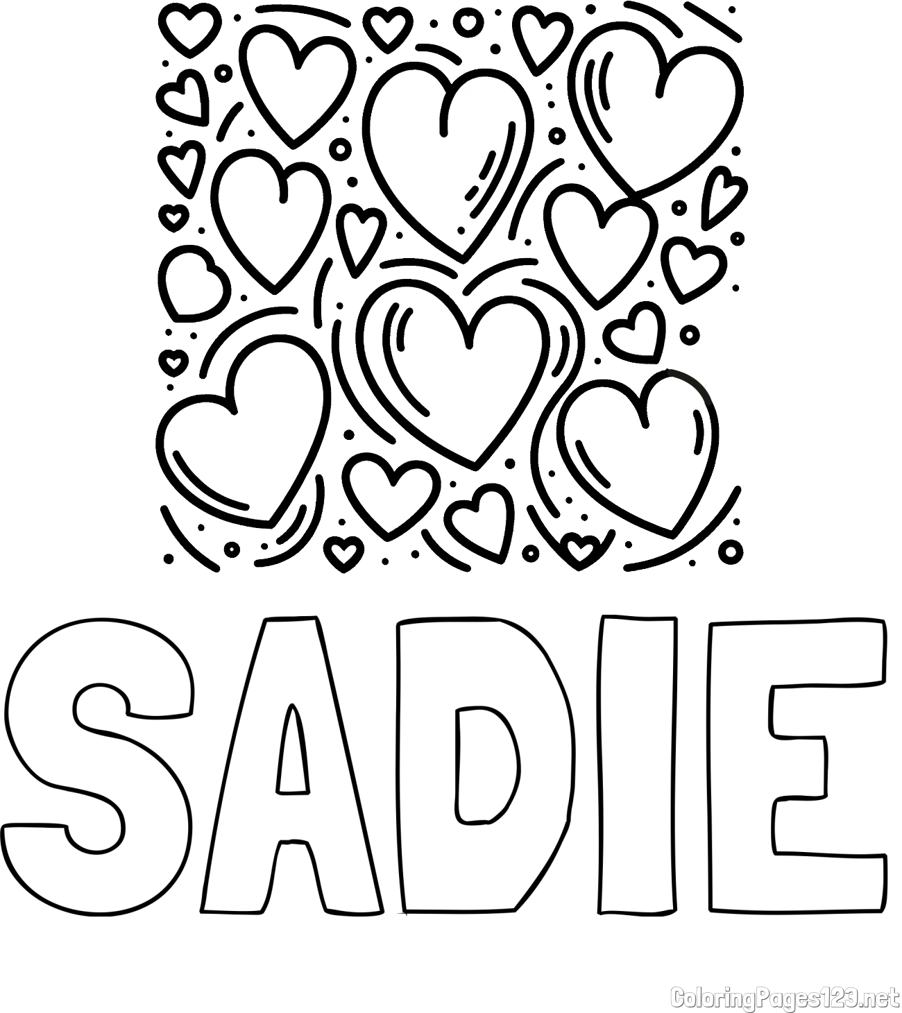 SADIE Coloring Page and Free Printable Coloring Page of Hearts