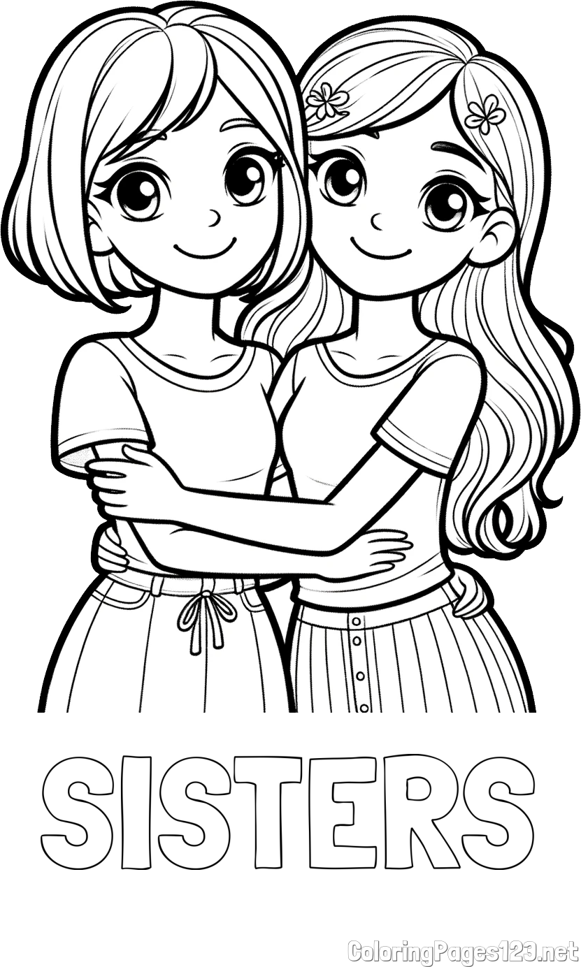 SISTERS Coloring Page and Coloring Page of Two Cute Girls Hugging Each Other (Best Friends Forever)
